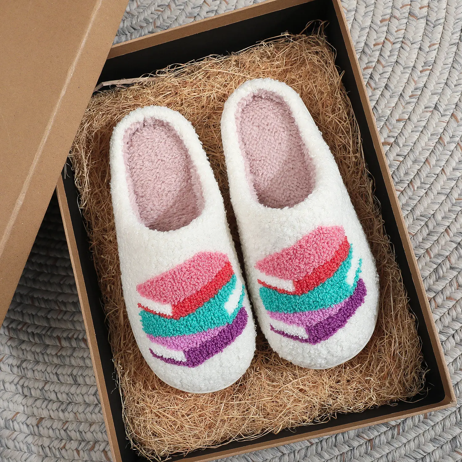 Women's Book Stack Slippers Soft Faux Fur Non-Slip Sole Indoor Outdoor Comfort Footwear Cute Preppy Slippers Shoe Girl with Embroidered Design