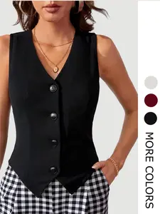Women's Solid Color Button Front Vest, Elegant Fashion Casual Sleeveless Outerwear for Daily Outdoor Wear, Ladies Clothes for All Seasons, Tops