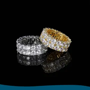 Hip Hop Jewelry Double Row Zircon Ring Fashion Brand 18K Gold Plated Silver Men's Ring