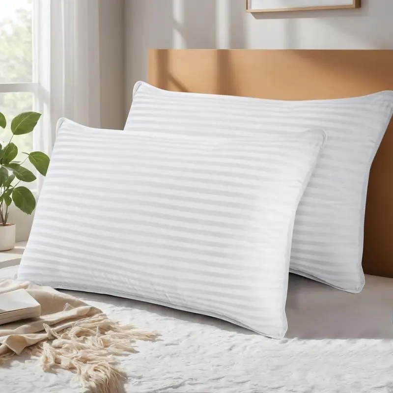 Premium Striped Bed Pillows for Back Stomach & Side Sleepers, Polycotton Soft Breathable Covers, No-Shift Construction, Pack of 2