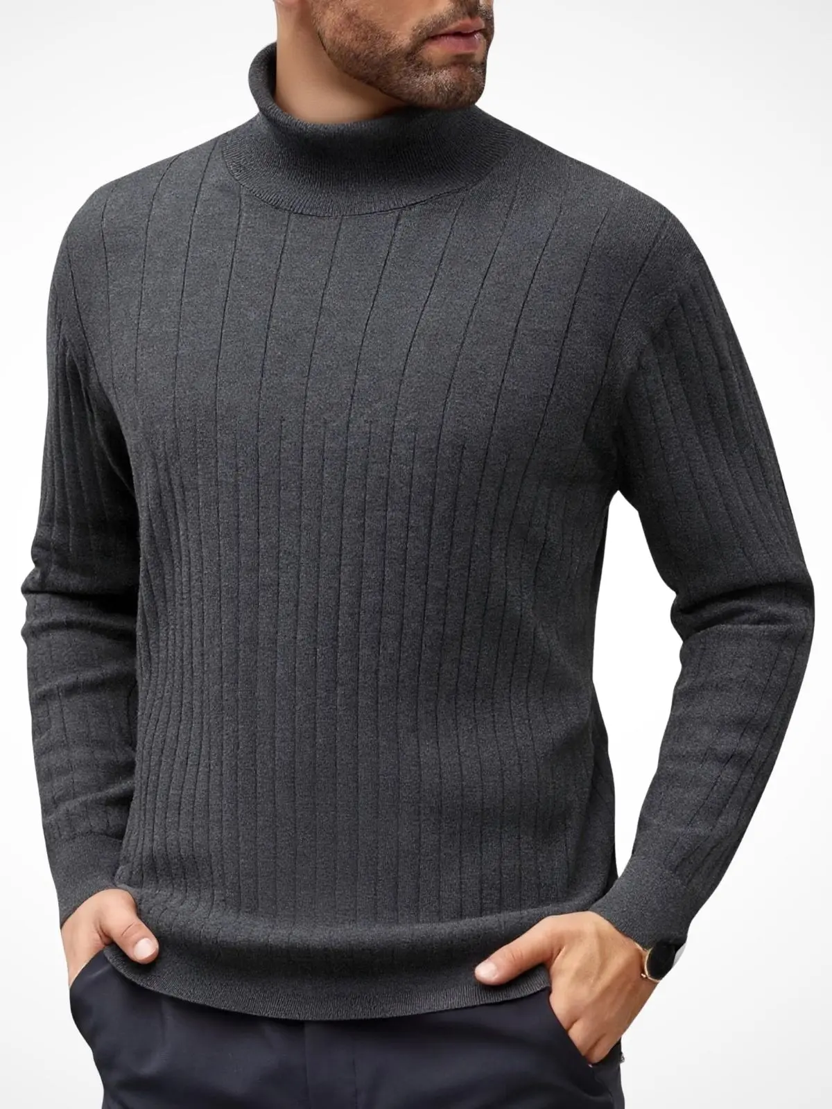 Men's Ribbed Mock Neck Knit Sweater - Menswear Knitwear, Soft Longsleeves, Minimalist Plain Layering Base Layer Top