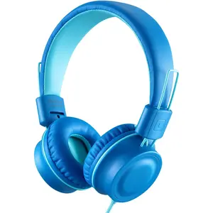 J01  Headphones Foldable Stereo -Free 5ft Long Cord 3.5mm Jack Plug in Wired -Ear Headset for iPad/ Kindle Fire//Boys/Girls/School/Laptop/Tablet( Blue)