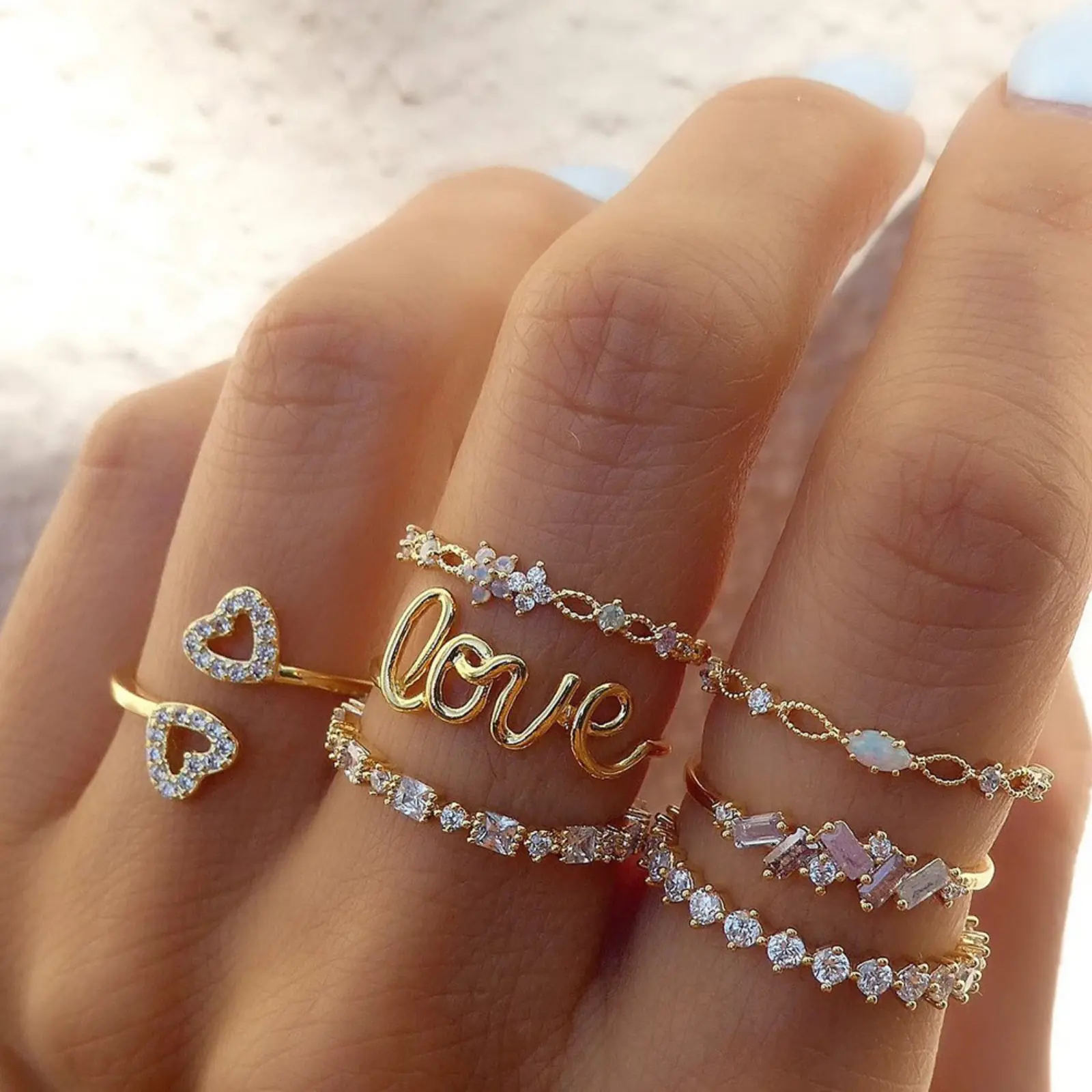 Women's Bohemian Stackable Gold Cubic Zirconia Rings Set - Heart Shaped, Star, Moon, Arrow, Flower Designs - Stylish Sports & Outdoor Accessory Gift, Heart Shaped Ring, Bohemian Stackable Rings