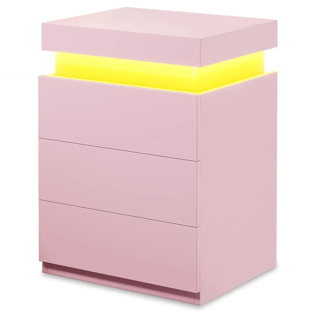 Sikaic LED Nightstand with Charging Station, Pink Bedside Table with Sliding Top Drawer, 3 Storage Drawers and Modern Design for Bedroom