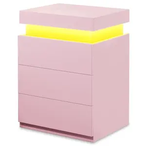 Sikaic Pink Nightstand with LED Lights and Charging Station, Modern Bedside Table with Sliding Top Drawer and 3 Storage Drawers for Bedroom summervibes Led Vanity Desk Led Vanity Dresser