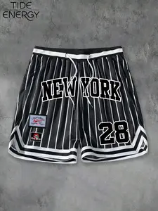 Men's New York No. 28 Print Basketball Shorts, Vintage Striped Mesh Gym Shorts, Patch Detail & Drawstring Waist, Summer Fitness Streetwear, Breathable Athletic Shorts, Graphic Casual Shorts, Drawstring Sports Shorts