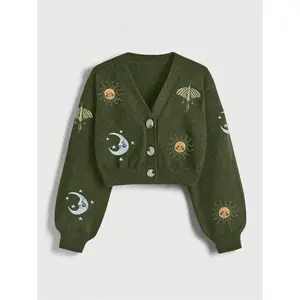 Women’s Casual Elegant Loose-Fit Button-Front Sweater, Sun Moon Insect Embroidery, Long-Sleeve Knitwear for Autumn & Winter