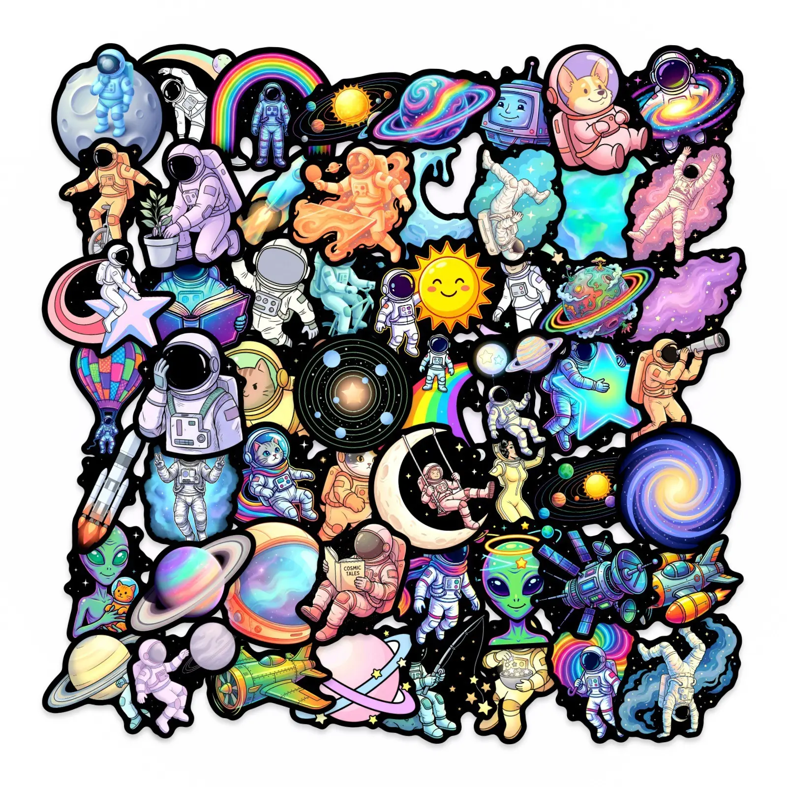 50 Astronaut Cartoon Stickers, Suitable for Scrapbooks, Diaries, Laptops, Water Bottles, Cars, and Other Faith-based Designs—gifts with Positive Messages.