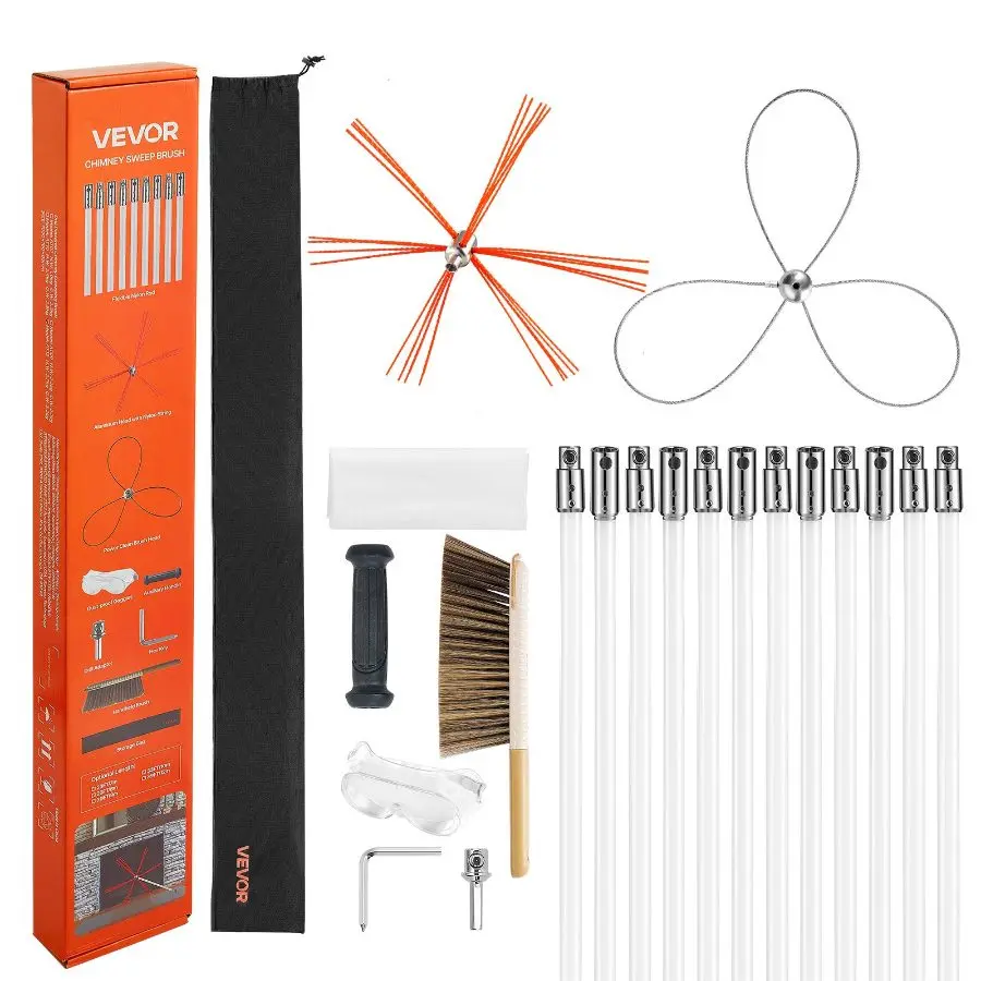 【Summerfinds】 39 ft Extendable Chimney Sweep Kit, Cleaning Supplies Kit for Square-Rectangle Flues, Fireplace Hand Tool with Dual Brush Heads and Bristle Replacementsdealsforyoudays