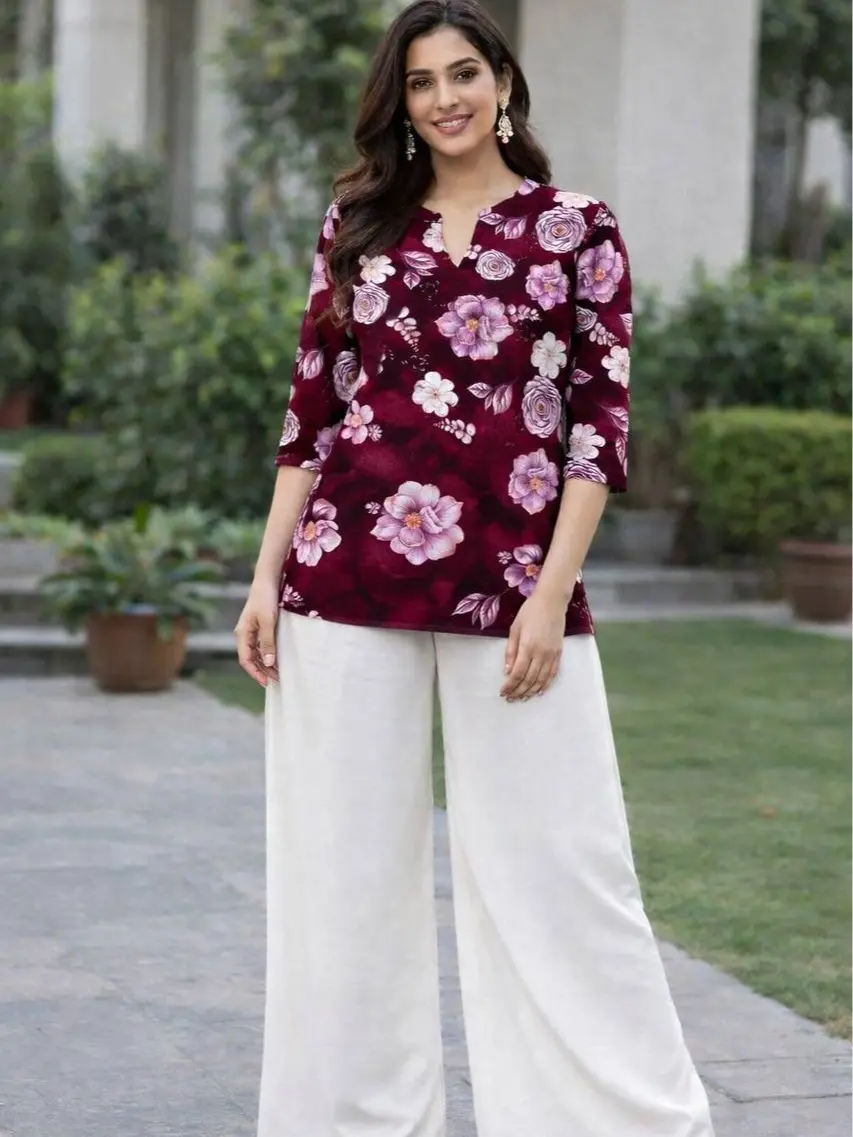 Women's 2-Piece Outfit with Digital Print Top and Palazzos | Modern Style Clothes in a Lightweight Slub Fabric for Day Wear, Everyday, Relaxed, All Seasons, Pants, Breathable, Casual, Elegant, Printed, Rayon, Soft, Relaxed Fit