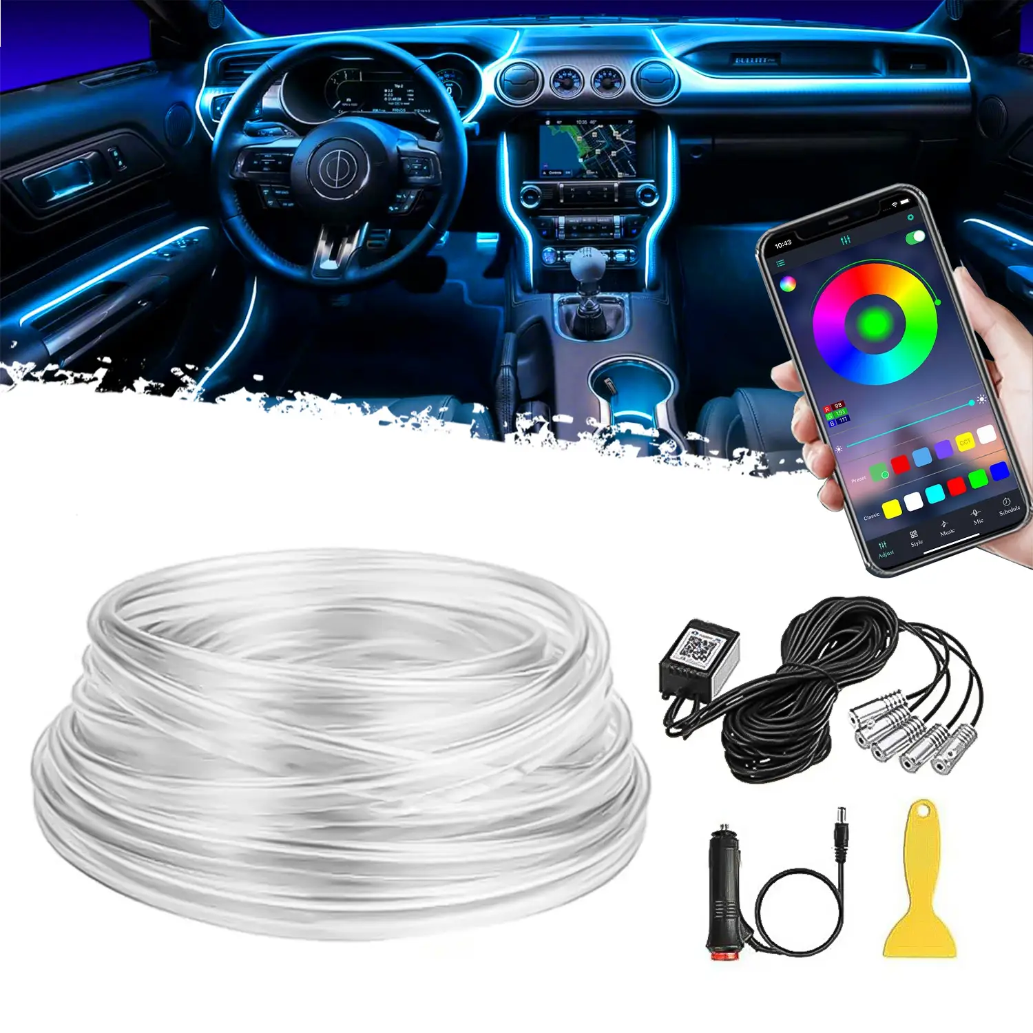 DIBMS APP Controlled 5-in-1 RGB 16 Million Color Options Interior Car LED Strip Lights, 236 inches Fiber Optic Ambient Lighting Kit with Music Mode, W