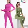 Women's Solid  Gym Set - High-Waisted 25in Inseam Spandex Leggings, Long Sleeve Elastic Top, Comfortable Workout Set for Running, Fitness, Casual Sportswear & Outdoor Use,,outdoorfun