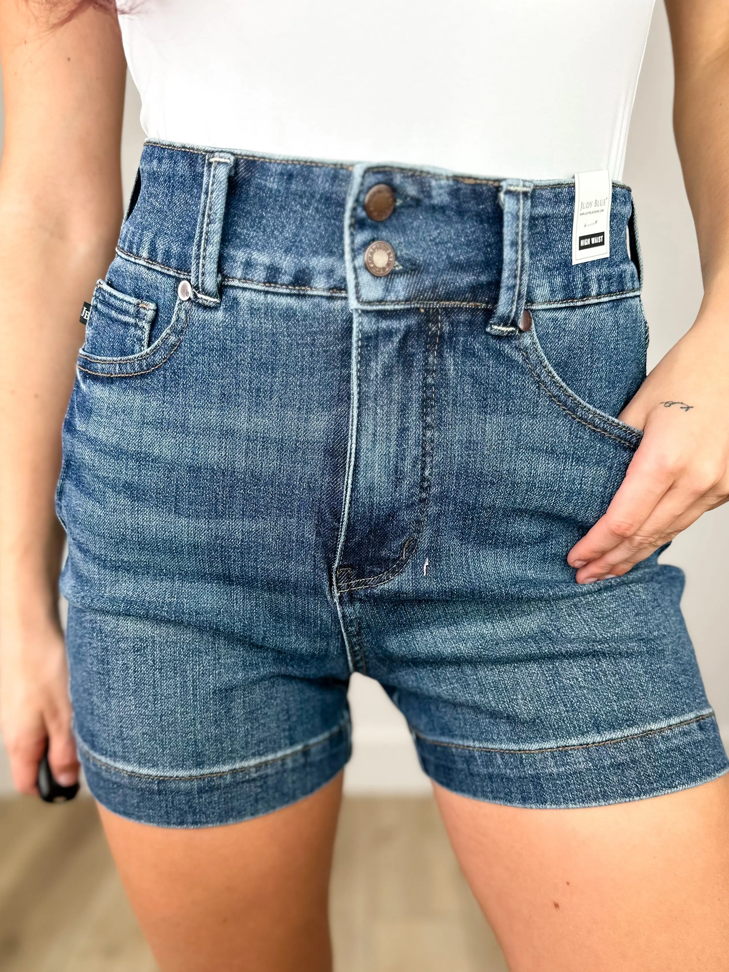 Judy Blue Tiff Tummy Control Denim Shorts - Dark Wash (Double Button)