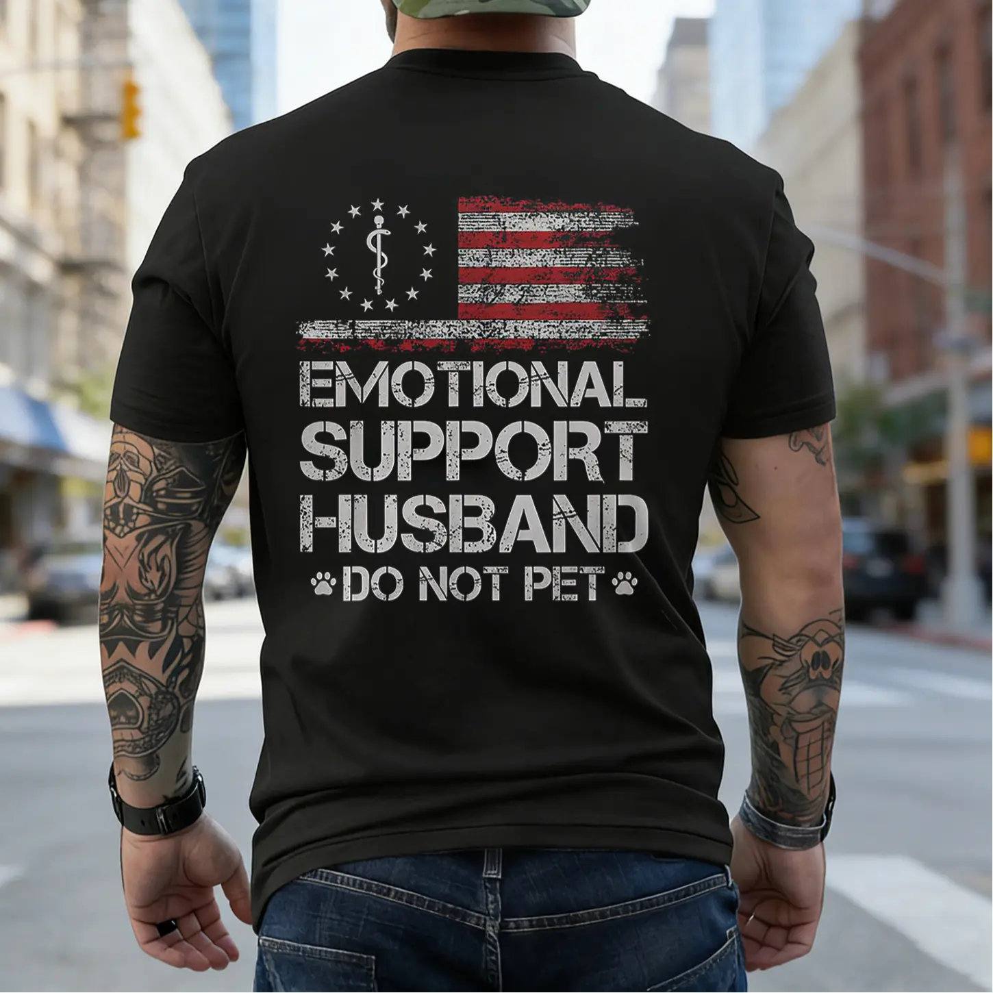 Emotional Support Husband Funny T-Shirt |   American Flag Unisex Tee