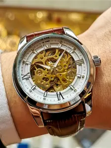 Men's Fashion Casual Mechanical Watch, Stylish Hollow Out Design, Round Analog Dial, Alloy Case, All Seasons Wear, Mechanical Style Watches