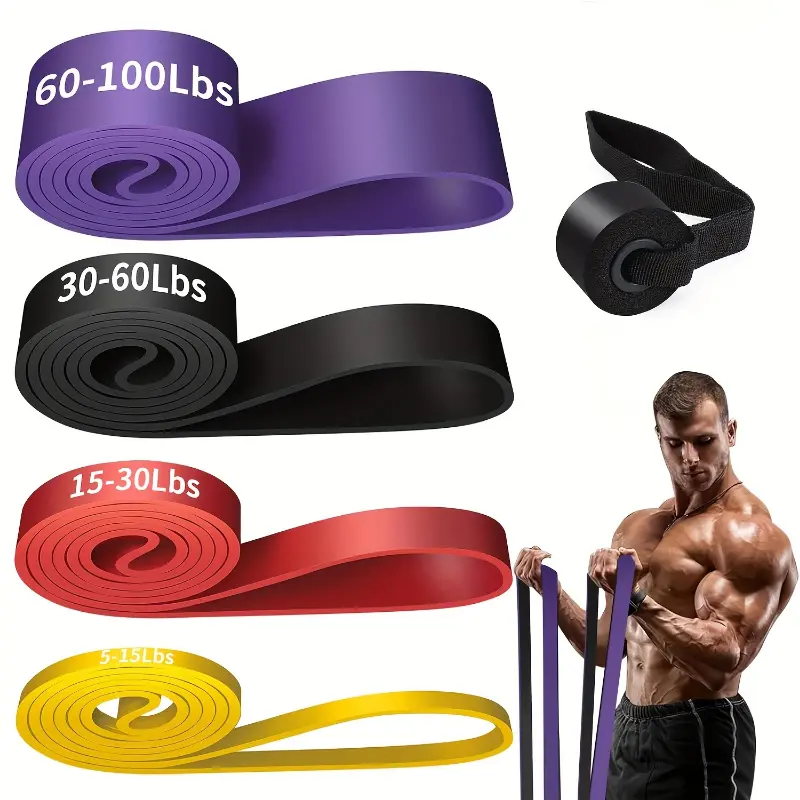 4pcs Unisex Stackable Sturdy TPE Fabric Heavy-Duty Resistance Bands with Door Anchor - Functional, Stretchable for Full Body Workout, Muscle Training (Red/Yellow/Black)