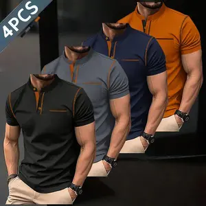 Men's stylish outfit, short-sleeved, button-down placket, small stand-up collar, 100% polyester fabric, suitable for beach vacations and everyday wear.