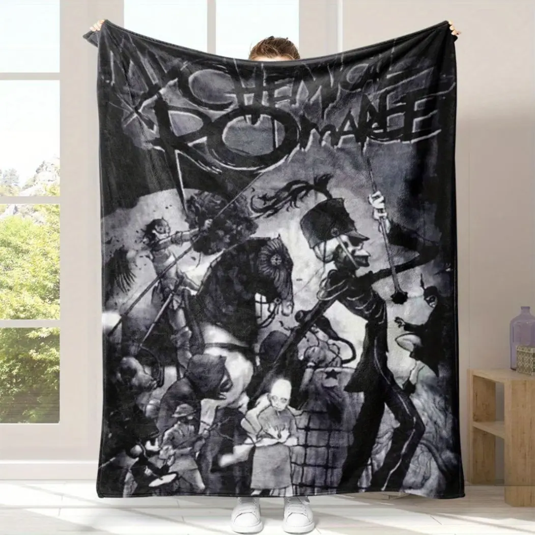 [Cozy Chemical Romance Throw] Cozy Chemical Romance Throw Blanket - Ultra-Soft Polyester Flannel, Monochrome Band Poster Design - All-Season Comfort for Sofa, Living Room, Bedroom, Camping  Skin-friendly, lightweight, and comfortable.