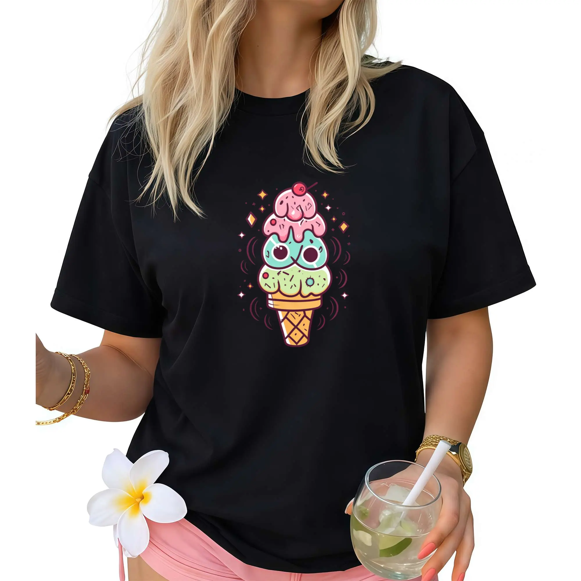 Ice Cream Print T-shirt, Short Sleeve Crew Neck Casual Top For Summer & Spring, Women's Clothing Cotton Piece