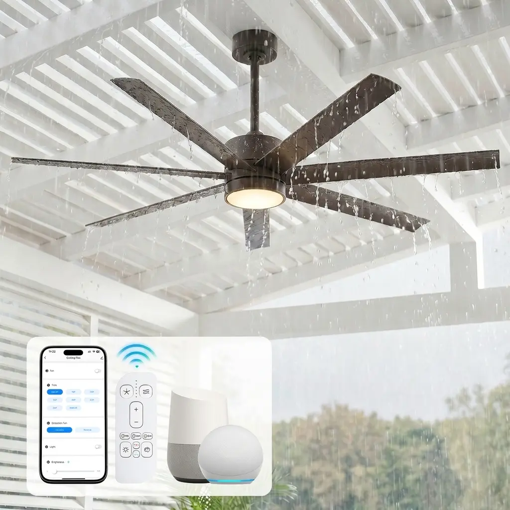 56 Inch Smart Outdoor Ceiling Fan with Light for Patio Porch Waterproof, Wet Rated 7 ABS Blades High CFM Modern Fan, Alexa/App/Remote Control, Quiet & Energy Efficient DC Motor