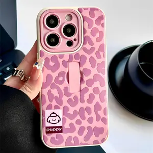 Cute Puppy Dog Stylish Leopard Print Ring Holder Stand Case For iPhone 16 15 14 13 12 11 Pro Max Glossy TPU Phone Cover Protection Protective 01