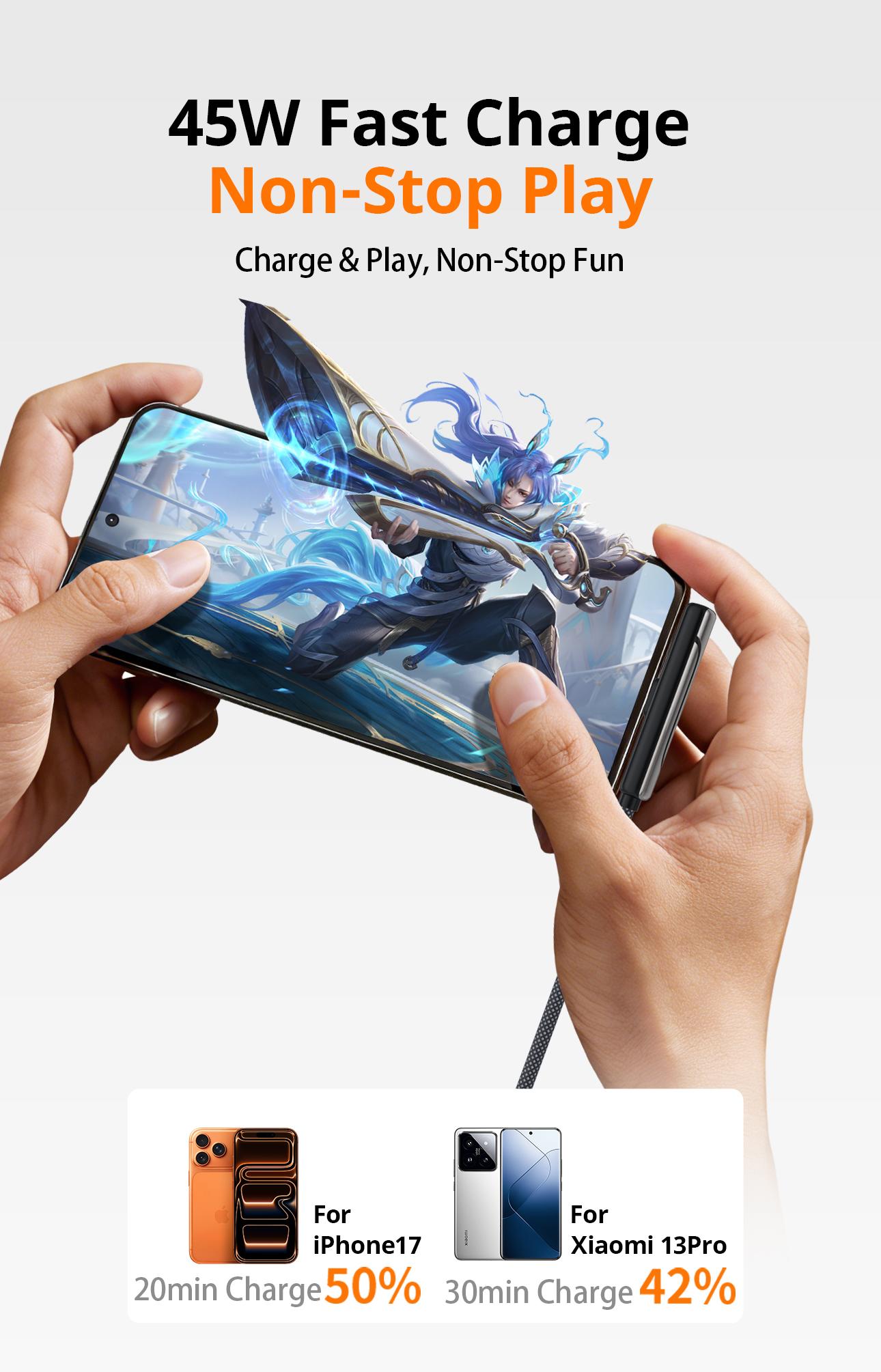 6.6 ft invisible charging cable with hidden stand, compatible with iPhone 15/16/17. Combines charging cable and phone stand into one, supports 45W super fast charging, ideal for gaming, work, and car travel; Samsung Type‑C fast charging cable, black, 3.3