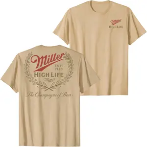 Miller High Life Champagne of Beer Vintage Logo Graphic T-Shirt, Classic Brewery Laurel Wreath Back Print Tee, Retro Tan Unisex Streetwear Casual Summer Shirt