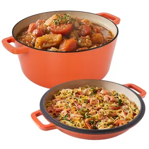 26cm 2-in-1 Enameled Cast Iron Dutch Oven with Skillet Lid, Heavy Duty Soup Pot for Braising, Baking and Daily Cooking braiser pan Cookware outdoorfun