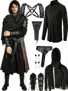 11Pcs New Men's Medieval Pirate Renaissance S-plit Shirt Set Cosplay Props Fancy Dress Uniform For Costume Party