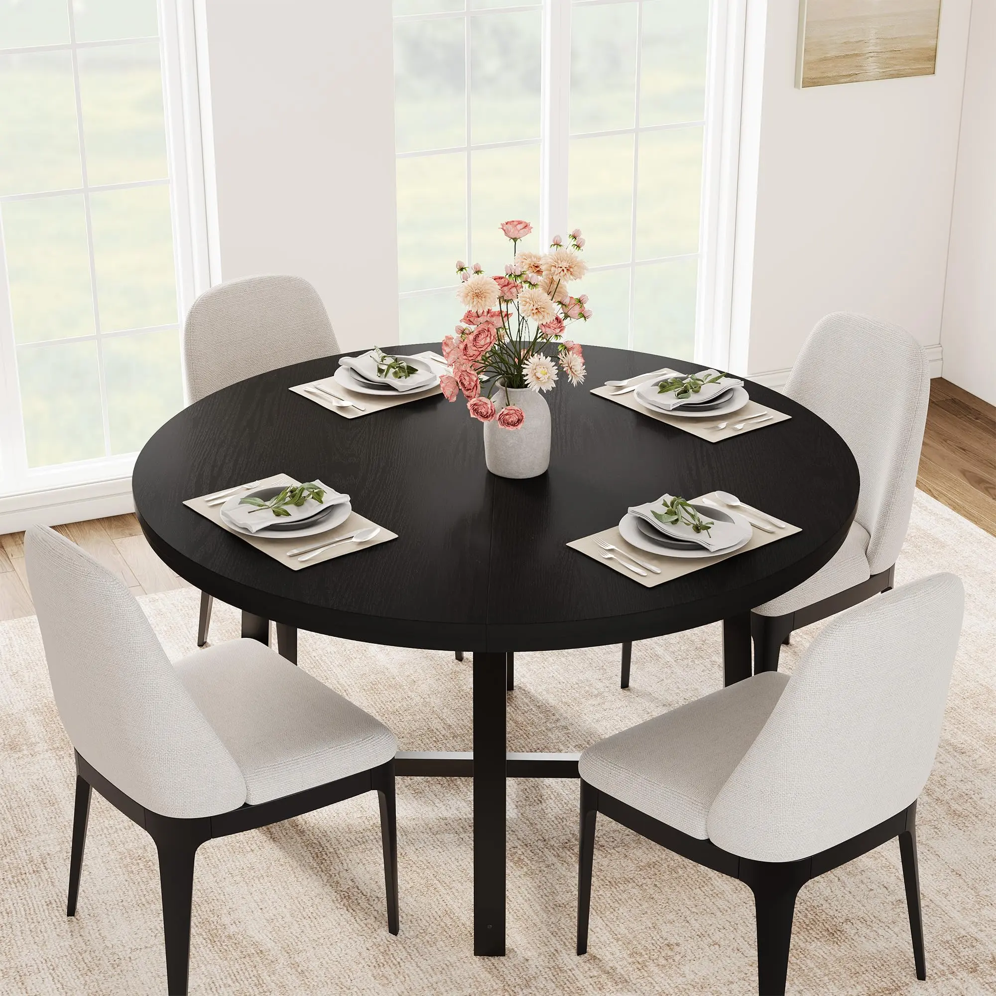 Garvee Industrial Round Dining Table with Legs - 4-6 Seats, 47.24x47.24x30 in Large Top, 57.9 Lb, 300 Lb Strong Support, Sturdy Metal Frame, Rustic Black Finish, Engineered Wood Table for Dining Room/Kitchen (No Chairs, Assembly Required), Single Unit
