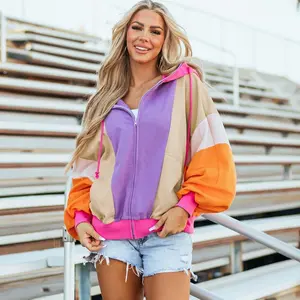 Women??s Orange Oversized Colorblock Patchwork Full Zipped Front Drawstring Hoodie With Pockets