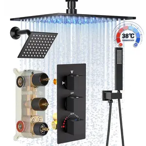Thermostatic Matte Black Dual Shower Heads Faucet Set, 12" Ceiling Mount LED Rainfall Shower Faucet System with 12'' Top Head+6'' Side Head and ABS Handheld Head Sprayer Diverter Shower Faucet Trim Kit (12", Matte Black)