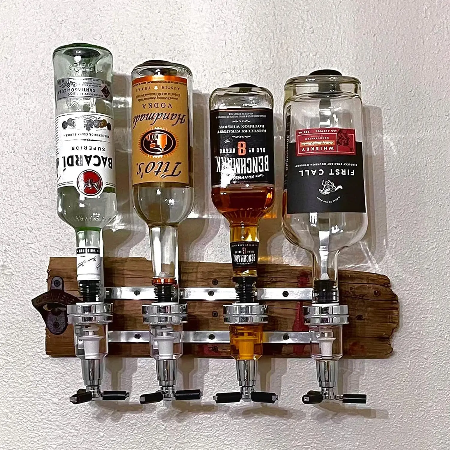 Wall-Mounted House Liquor Dispenser | Alcohol Station Cocktail Tap, Push-Release Valves, Home Bar, Man Cave | Easy Assemble - Wooden Board NOT Included (4 Bottle)
