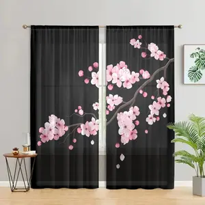 Cherry Blossom Pattern Curtain, Japanese Style Door Curtain, Lightweight Semi Blackout Curtain for Home Living Room Bedroom Interior Decoration