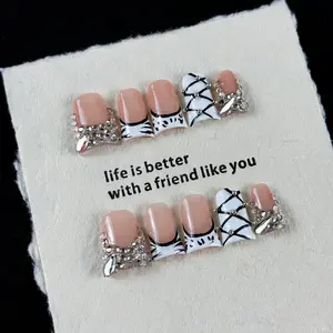 10pcs high-end Luxury yet minimalist style, hand-painted zebra pattern, dazzling glittering diamonds handmade Glossy fake nails, Suitable for attending music festivals, concerts, escape rooms, and exploring haunted houses