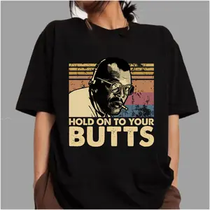 Men's Fitted Round Neck Classic Cotton-Spandex Stretch Fabric Menswear T-Shirt - Unisex Jurassic Park "Hold On To Your Butts" Printed Vintage Retro Movie Graphic Casual Top