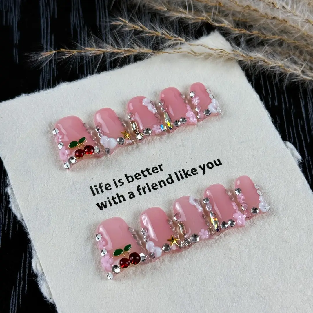10pcs Pink girl style, hand-painted three-dimensional engraved design, cherry, dazzling multi-diamonds handmade fake nails, Glittering Fake Nails, Handmade Press On, Suitable for couples' dates, Valentine's Day and anniversary occasions