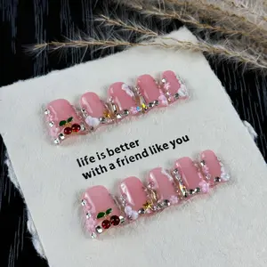 10pcs Pink girl style, hand-painted three-dimensional engraved design, cherry, dazzling multi-diamonds handmade fake nails, Glittering Fake Nails, Handmade Press On, Suitable for couples' dates, Valentine's Day and anniversary occasions