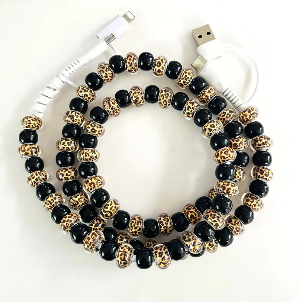 4 in 1 Beaded Charging Cable Leopard Print Fast Charge for Phone, Fast Charging Solution, Compatible with all devices USB-C, Lightning interfaces, Type C Portable, 3.3 feet in length, Holiday gifts, Beaded Charging Cords, Charger Cable