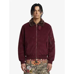 Thesupermade Retro Suede Faux Fur Collar Fleece Lined Bomber Jacket