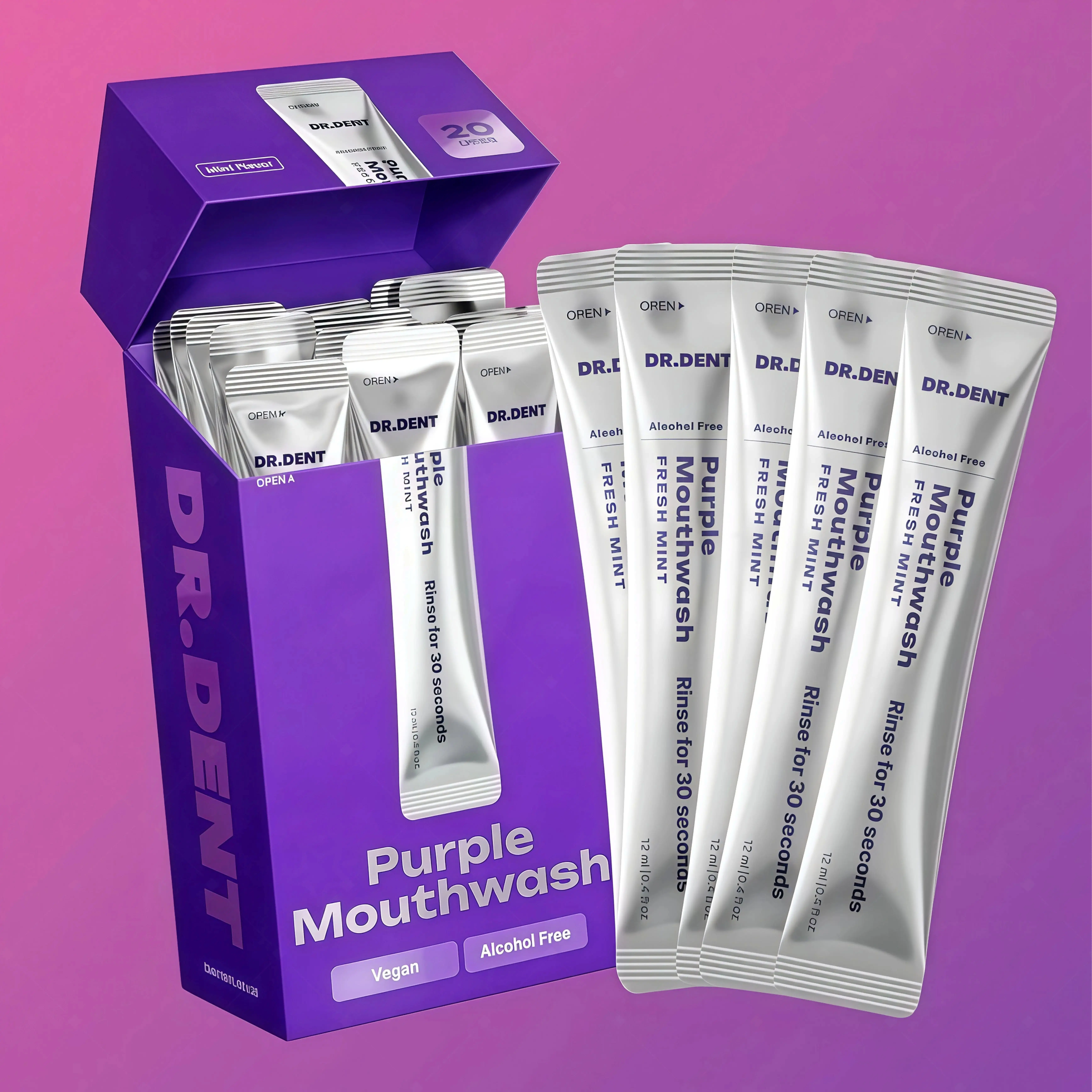 DR.DENT Purple Mouthwash for Teeth Whitening - Color Correcting Mouthwash Sachets - Peroxide Free, Alcohol Free - Freshens Breath, Supports Gum Health - Vegan, Mint Flavor (20 pc)
