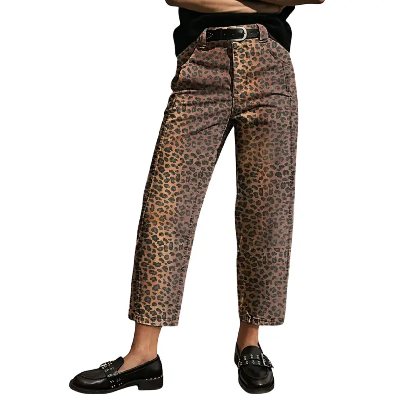 Flamingals Leopard Print Seam Detail Mid Rise Straight Leg Crop Pants Stretchy 23.8" Inseam