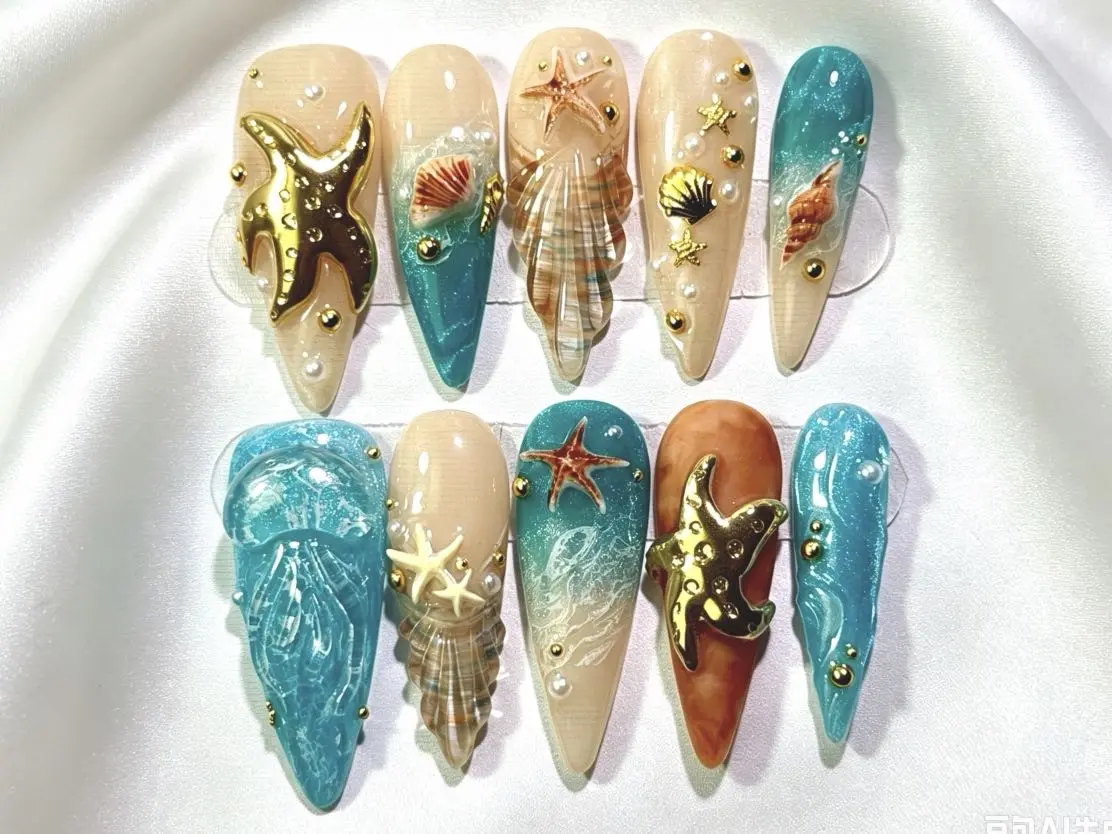 Summer Beach 3D Starfish Shell Press On Nails Handmade Glossy Almond Fake Nails With Pearl Ornaments