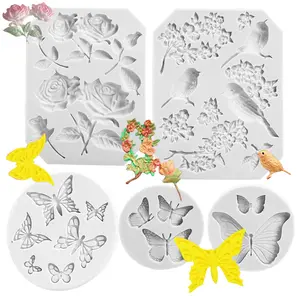 5 piece set of silicone baking molds, including rose, bird, and butterfly shapes, food grade chocolate candy molds, suitable for cake decoration, cupcake toppings, and candy making