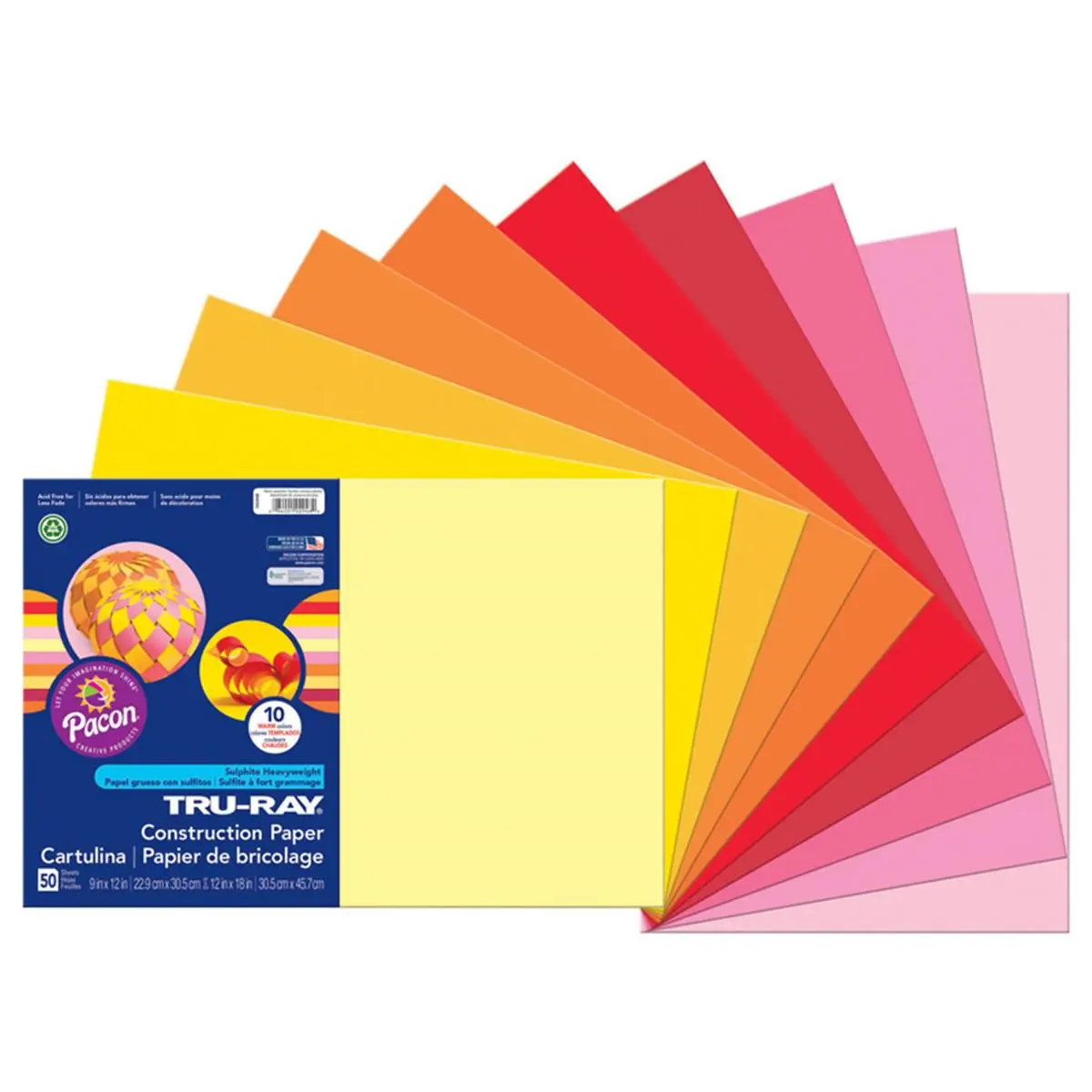 Pacon PAC102948-3 Thick Recycled Art Cardstock Paper, 12x18 in Tru Ray Warm Assorted Colors, 50 Sheets Per Pack, 3-Pack (50% Recycled Fiber)