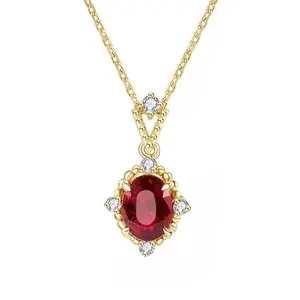 18K Gold Vermeil S925 Sterling Silver Garnet Necklace – Unique Halo Design with Brilliant Diamond Accents, Adjustable Chain for Women