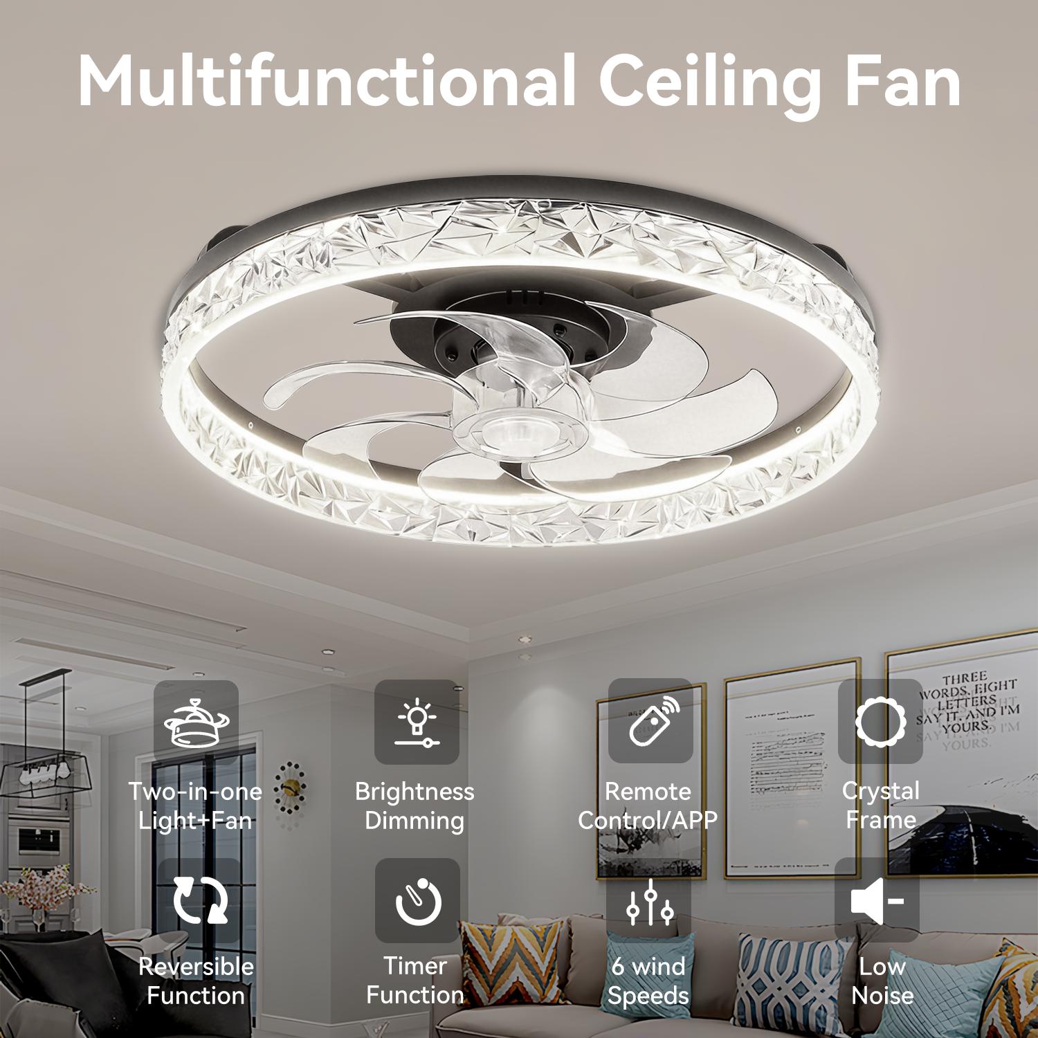 GALENTAL Cristais Multifunctional Ceiling Fan with 3 Color Temperatures Light, Remote Control/APP, 6 Wind Speeds, Timer, Reversible DC Motor, Adjustable Brightness , Low Noise for Living Room, Bedroom, Indoor Lighting Led Lighted