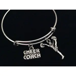 Cheer Coach with Cheerleader Expandable Silver Charm Bracelet Adjustable Wire Bangle Handmade Gift Trendy Stacking Bangles