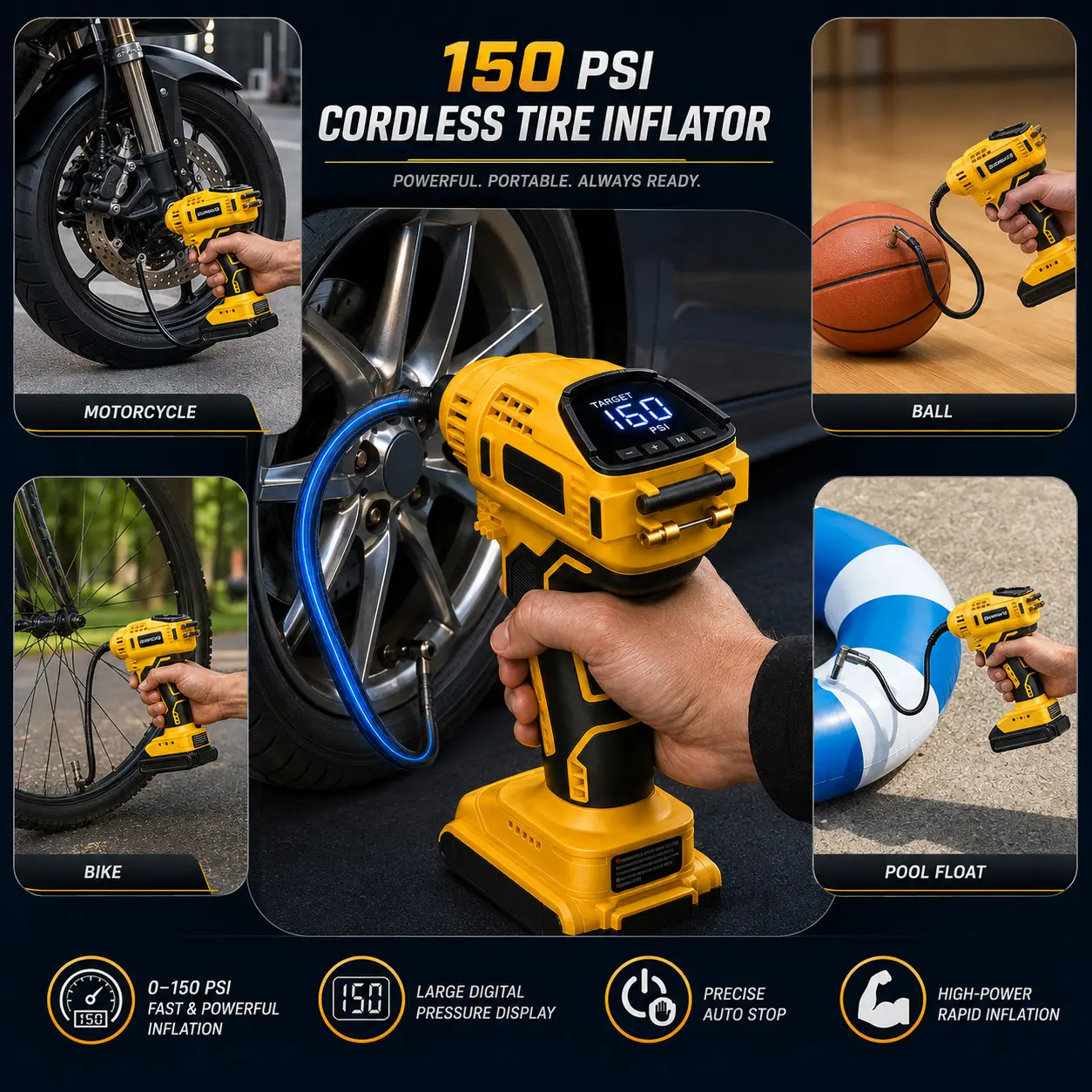 Cordless Tire Inflator Blower Air Compressor for Dewalt 20V Max Battery, 150PSI Tool with Auto Shut-Off for Car Tires, Bicycles (Tool Only)