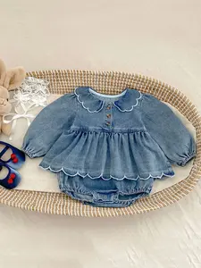Spring Autumn Baby Girl One-Piece Jumpsuit, Wave Hem Denim Harem Skirt, Stylish Long Sleeve Romper, Korean Style, Baby Girl Clothes
